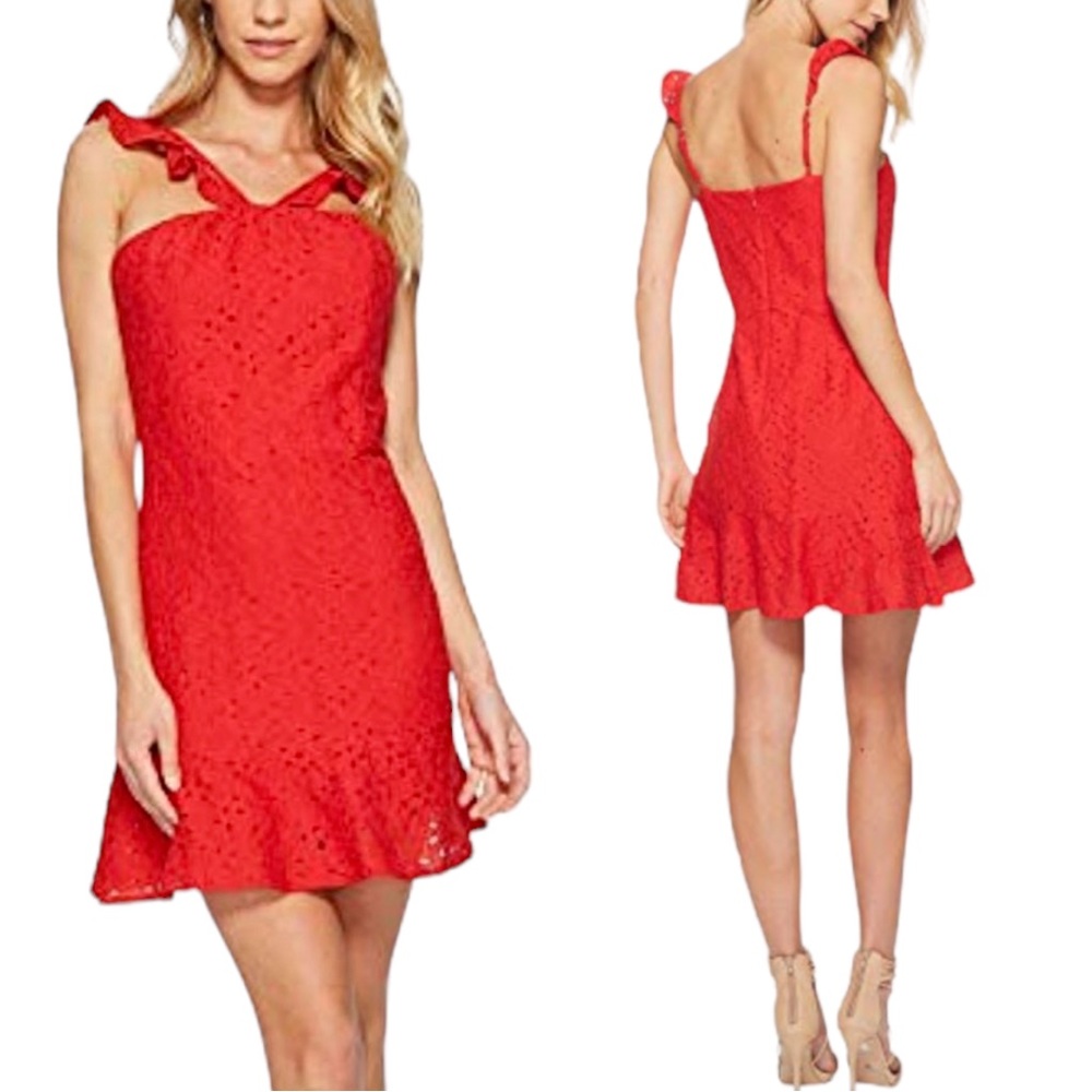 Revolve J.O.A. Eyelet Mini Dress in Red. Size‎ Small